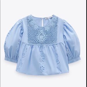 ZARA Embroidered eyelet cotton blue top